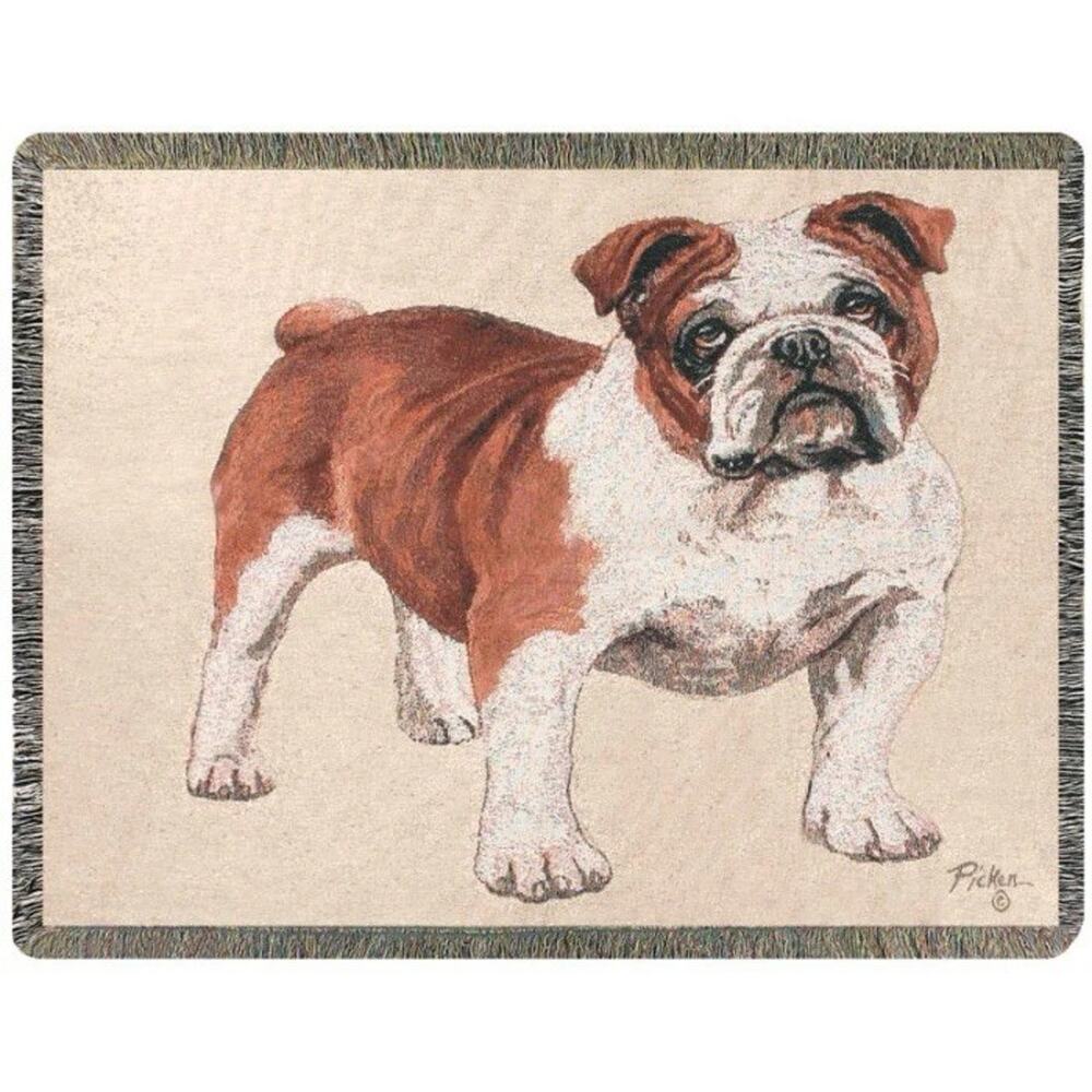 Bulldog Dog Tapestry Blanket Linda Picken Artist Fringe Throw 44x56‎
